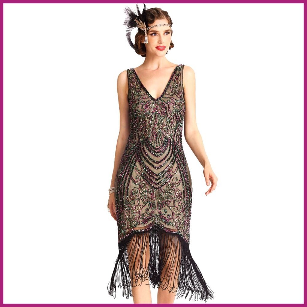 Flapper Dress with Beads and Sequins, 1920s V-Neck Fringed Gatsby